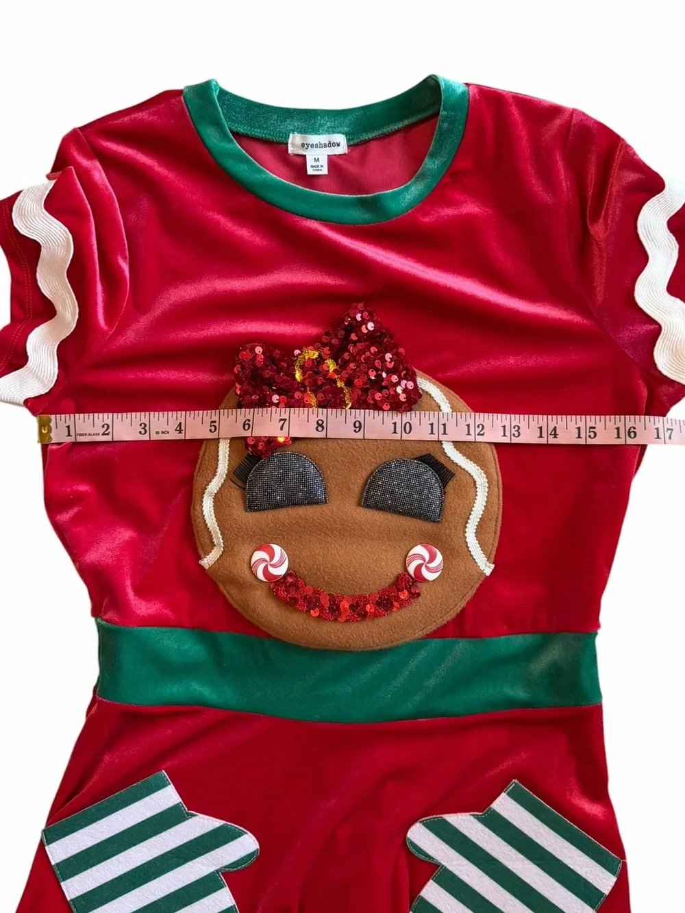 Christmas Dress- Women’s Red Gingerbread Dress Costume w/ Glittery Bow & Pocket